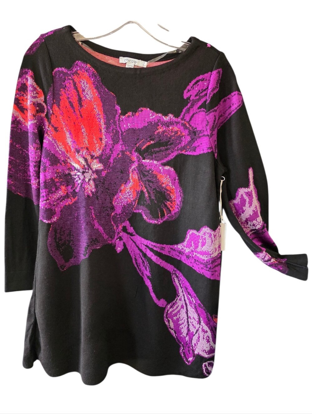 Chico's Black Boat-Neck Tunic With Purple Multicolor Floral Print Size 1/Medium